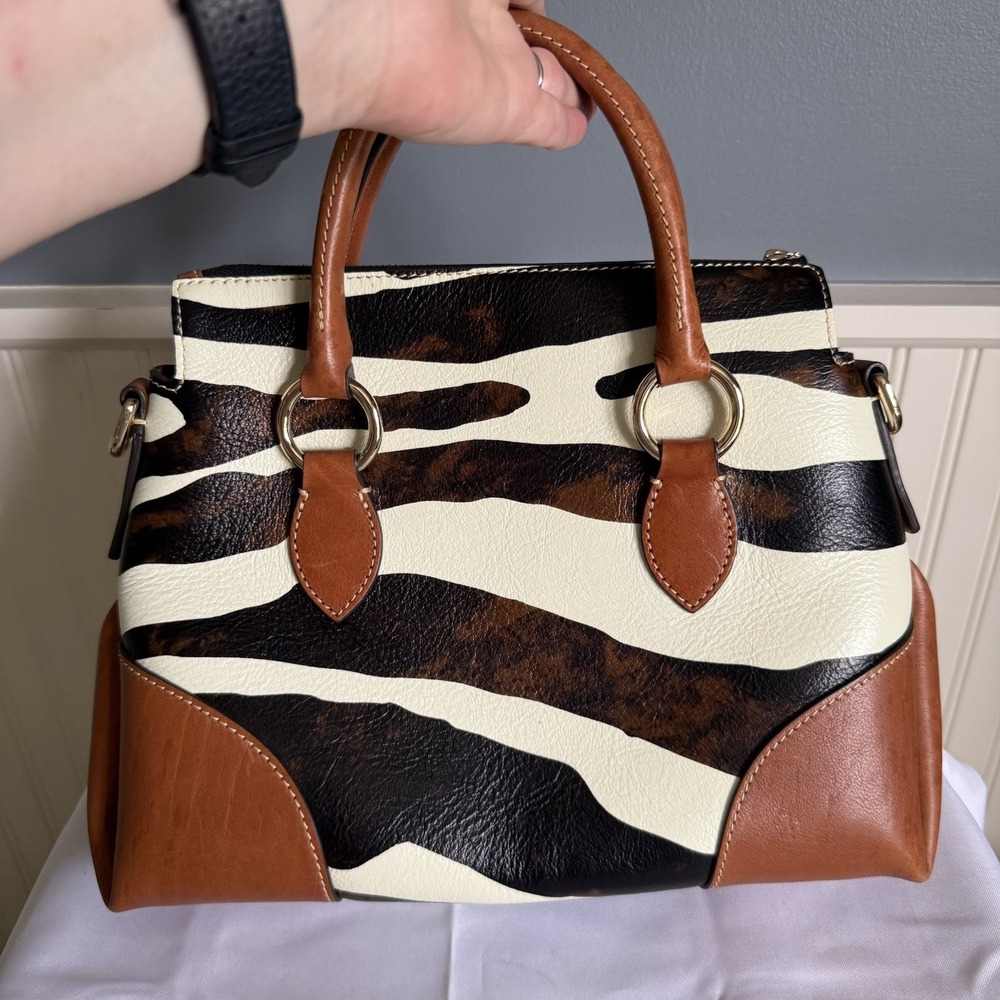Dooney & Bourke Zebra Leather Satchel 30 Black White Brown Crossbody Bag Purse - Picture 3 of 16